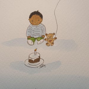 Primer cumpleaños de niño étnico con osito de peluche y pastel. Dibujo a pluma y tinta, acuarela y pintado a mano. Personalización y envío gratuitos.