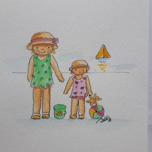 At the Seaside Girl e sorellina. Penna e inchiostro disegnati a mano Acquerello dipinto a mano PERSONALIZZAZIONE E SPEDIZIONE GRATUITE