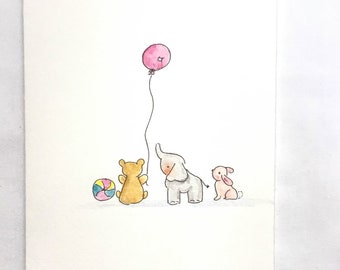 Toy Animals with Pink Balloon Handrawn Pen and Ink Handpainted Watercolour FREE POSTAGE & PERSONALISATION