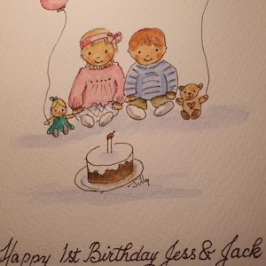 Primo compleanno di due gemelli, maschio e femmina. Disegnato a mano con penna e inchiostro. Acquerello dipinto a mano. PERSONALIZZAZIONE E SPEDIZIONE GRATUITE.