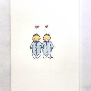 Bebés gemelos con peleles. Dibujados a mano con pluma y tinta, y pintados a mano con acuarela. ENVÍO Y PERSONALIZACIÓN GRATIS.