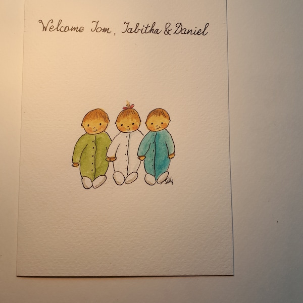 Baby Triplets Boys/Girls in Babygrows- Handrawn Pen and Ink Handpainted Watercolour FREE POSTAGE & PERSONALISATION