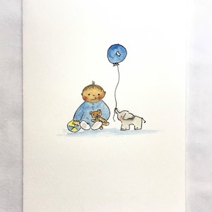 Kleiner Junge mit Teddy Elefant und Ballon Handgezeichnet Stift und Tinte Handbemalt Aquarell KOSTENFREIE PERSONALISIERUNG