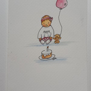 1. Geburtstag des kleinen Mädchens mit Ballon, Stift und Tinte dann mit Aquarell handgemalt KOSTENLOSES PORTO & PERSONALISIERUNG