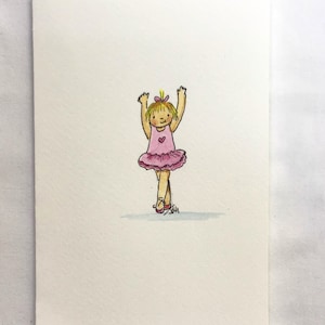 Verjaardagsmeisje kleine ballerina in roze Tutu handgetekende pen en inkt handbeschilderd aquarel GRATIS VERZENDING & PERSONALISATIE