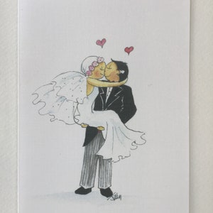 Braut im Arm des Bräutigams Handgezeichnet Stift und Tusche Handbemalt Aquarell PORTOKOSTENFREI & PERSONALISIERUNG