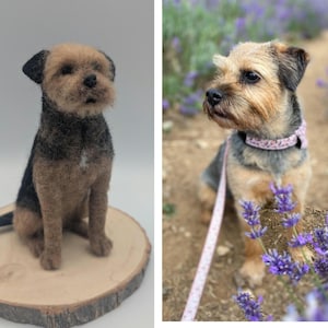 Peut inclure: Une figurine de Border Terrier en laine feutrée avec un pelage brun et noir à la texture duveteuse, représentée en position assise. La sculpture présente un museau noir, des yeux sombres et de petites oreilles, reproduisant les traits du chien.