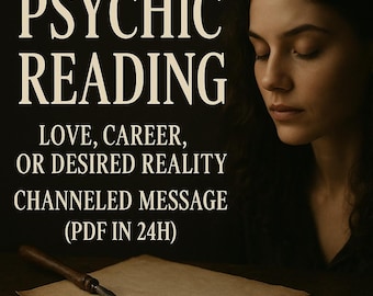 May include: Image promoting psychic readings. Text reads "PSYCHIC READING" followed by "LOVE, CAREER, OR DESIRED REALITY" and "CHANNELED MESSAGE (PDF IN 24H)". A woman is in the background with her eyes closed. A pen and paper are in the foreground.