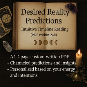 Könnte beinhalten: Ein offenes Buch mit dem Text "Desired Reality Predictions" und "Intuitive Timeline Reading". Das Bild zeigt eine Kerze, Kristalle und Tarotkarten, was auf ein spirituelles oder divinatorisches Thema hindeutet. Zusätzlicher Text beschreibt ein individuelles PDF.