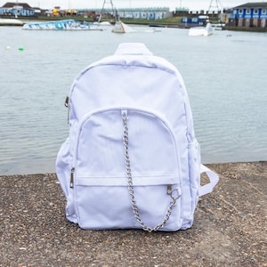 White Nylon Backpack with Chain Detail - minimalist - soft grunge - travel bag