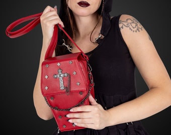 GOTHX Mini Red Vegan Gothic Cross Coffin Chain Bag - vampire style - vampy - goth gift