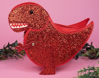 Red Glitter Dinosaur Bag - kawaii - sparkly - cute gift - dino - vegan friendly