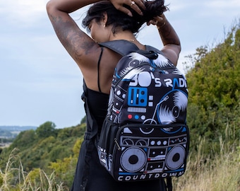 Black 80s Retro Stereo Printed Nylon Backpack - 80s style - boombox - retro style