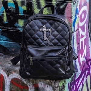 GOTHX Quilted Metal Cross Vegan Gothic Midi Backpack - Dark