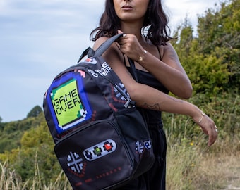Game Over schwarzer Nylon-Rucksack im Retro-Stil - Gaming - Schultasche
