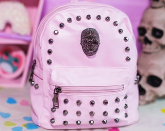 GOTHX Pink Pastel Goth Vegan Skull Head Mini Stud Backpack - soft grunge - pastelcore - witchy gift