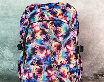 Pink and Purple Planets Space Galaxy Chain Vegan Backpack - grunge style - school bag - alternative fashion