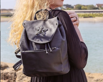 GOTHX Skull and Star Black Vegan Leather Backpack with Tassel Tie Detail - dark grunge - goth gift - witchy