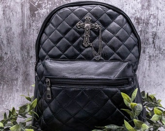 GOTHX Quilted Metal Cross Vegan Gothic Midi Backpack - Dark