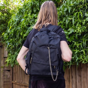 Black Nylon Backpack with Chain Detail - minimalist - grunge style - commute bag
