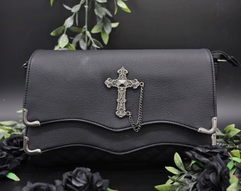 GOTHX Quilted Black Vegan Clutch Bag Evening with Cross Detailing - goth gift - witchy - dark grunge