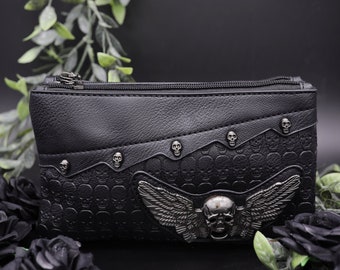 GOTHX Black Vegan Winged Skull Clutch Bag - makeup bag - goth gift - dark grunge