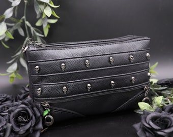 GOTHX Schwarze Mini Schädel-Kopf-Zip-Gothic-Detail-Clutch - Gothic-Stil - Makeup-Tasche - dunkelgrau