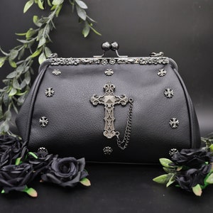 GOTHX Oversized Black Vegan Handbag with Metal Cross - gothic style - witchy gift - retro