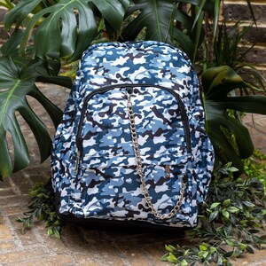 Blue Snow Camouflage Camo Vegan Backpack with chain detailing - adventure bag - school bag - alternative style