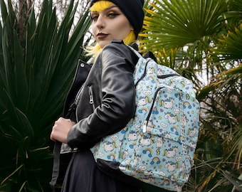 Sac à dos végétalien en toile bleu ciel à motif licorne - style kawaii - mode pastel - cartable