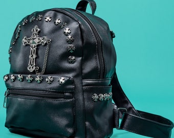 cross studs chain leather backpack 地雷 GOTHX Black Vegan Cross Mini Stud Backpack - Witchy Gift