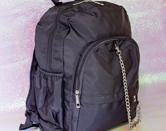 black mini backpack amazon Black Nylon Backpack With Chain Detail - Minimalist - Grunge Style -  Commute Bag