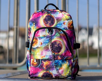 Rosa und Lila Space Galaxy Kette Vegan Rucksack - alternativer Stil - Schultasche - Grunge Mode - süßes Geschenk