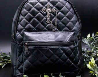 GOTHX Quilted Metal Cross Vegan Gothic Midi Backpack - Dark