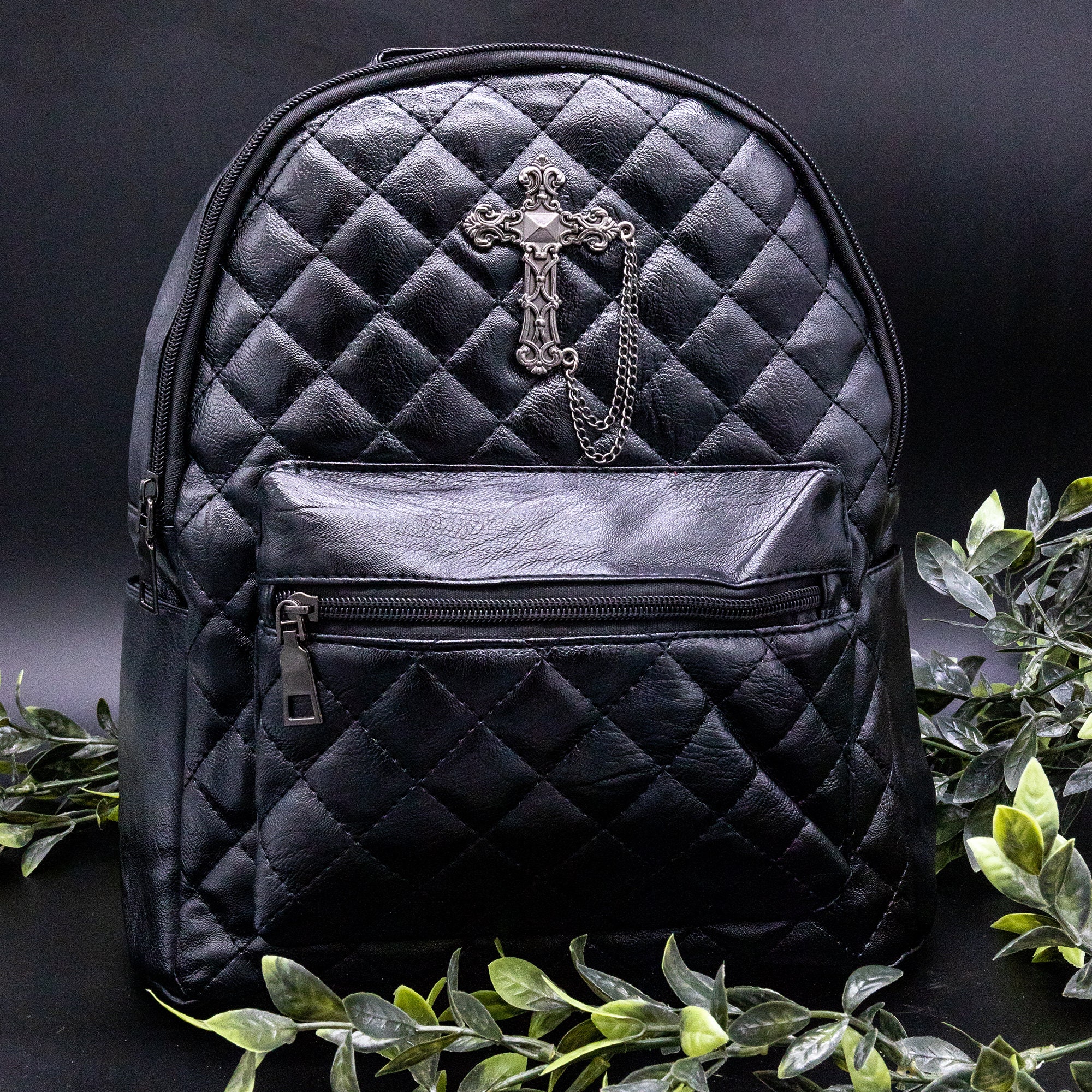 GOTHX Quilted Metal Cross Vegan Gothic Midi Backpack - Dark