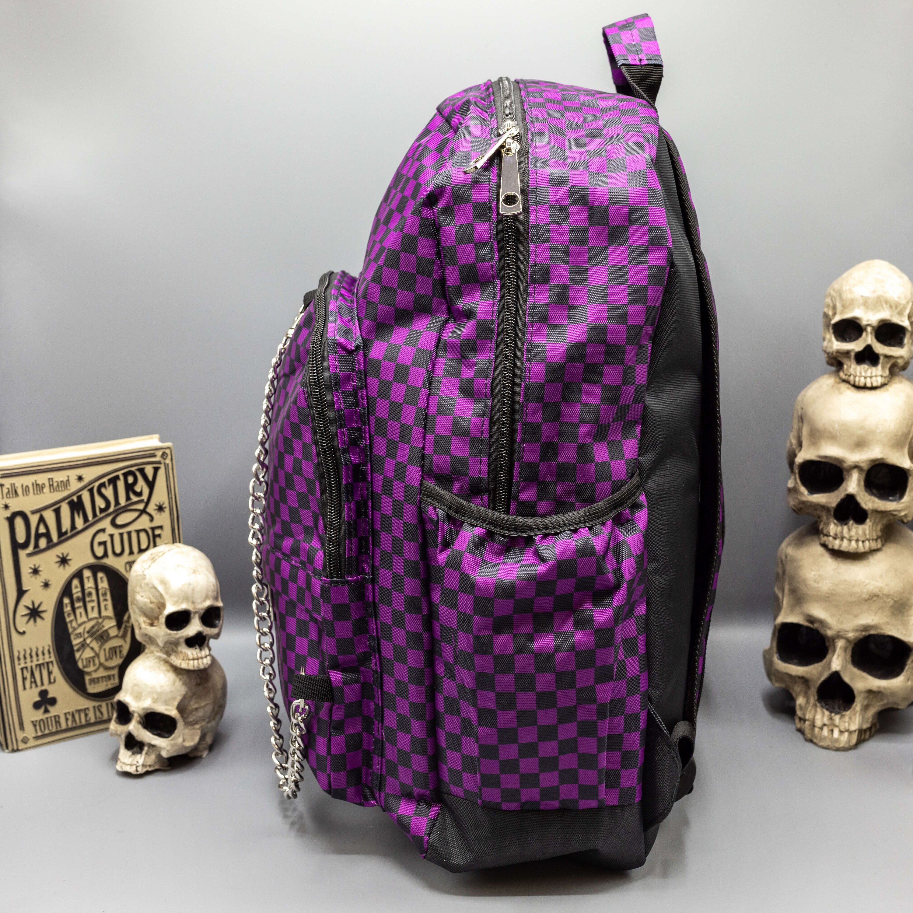 Purple Checkerboard Printed Nylon Backpack With Chain Detail - 90s ...