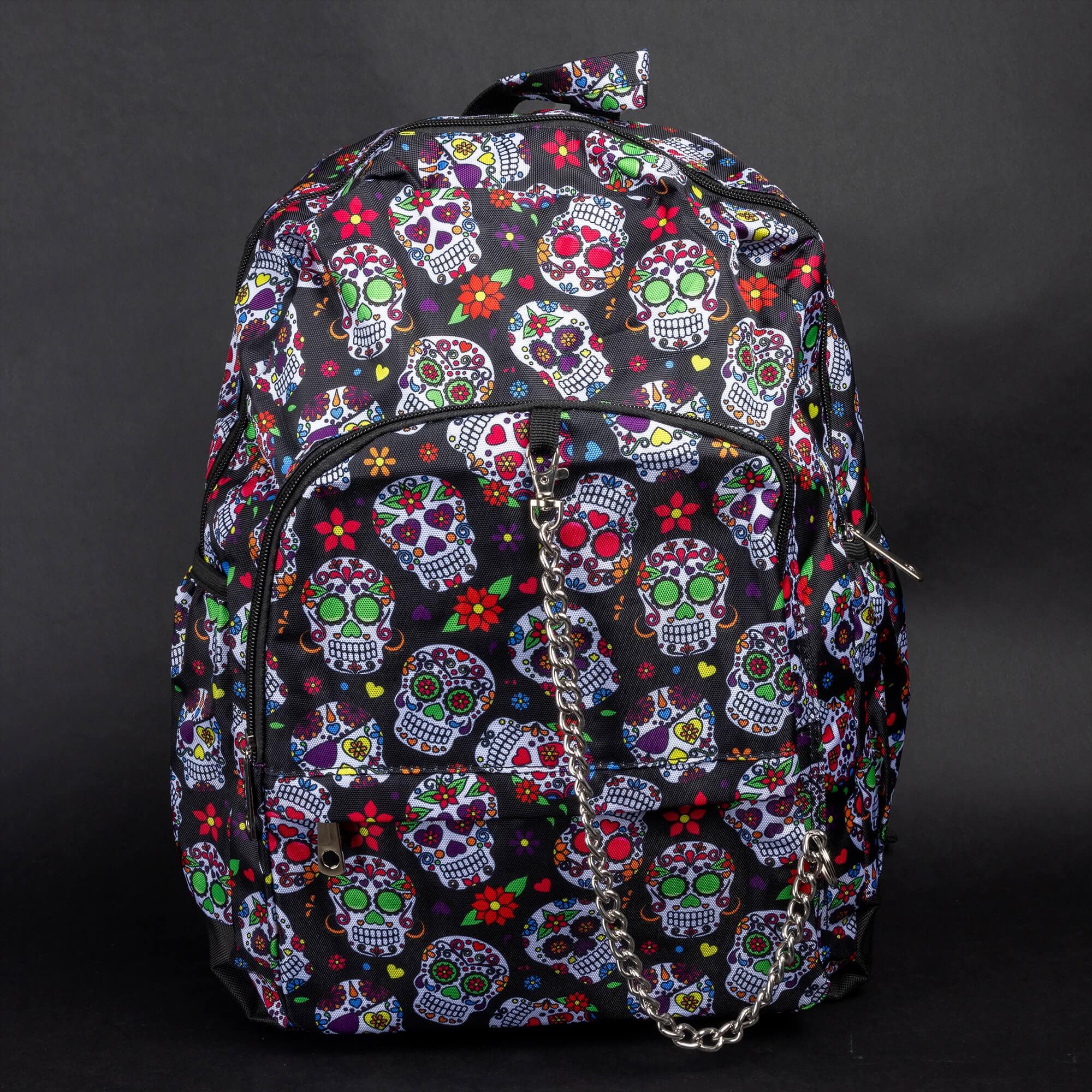 Neon Bloom Sugar Skull Rucksack mit Kettendetail - Vegan - Schultasche - Gothic - Alternativ