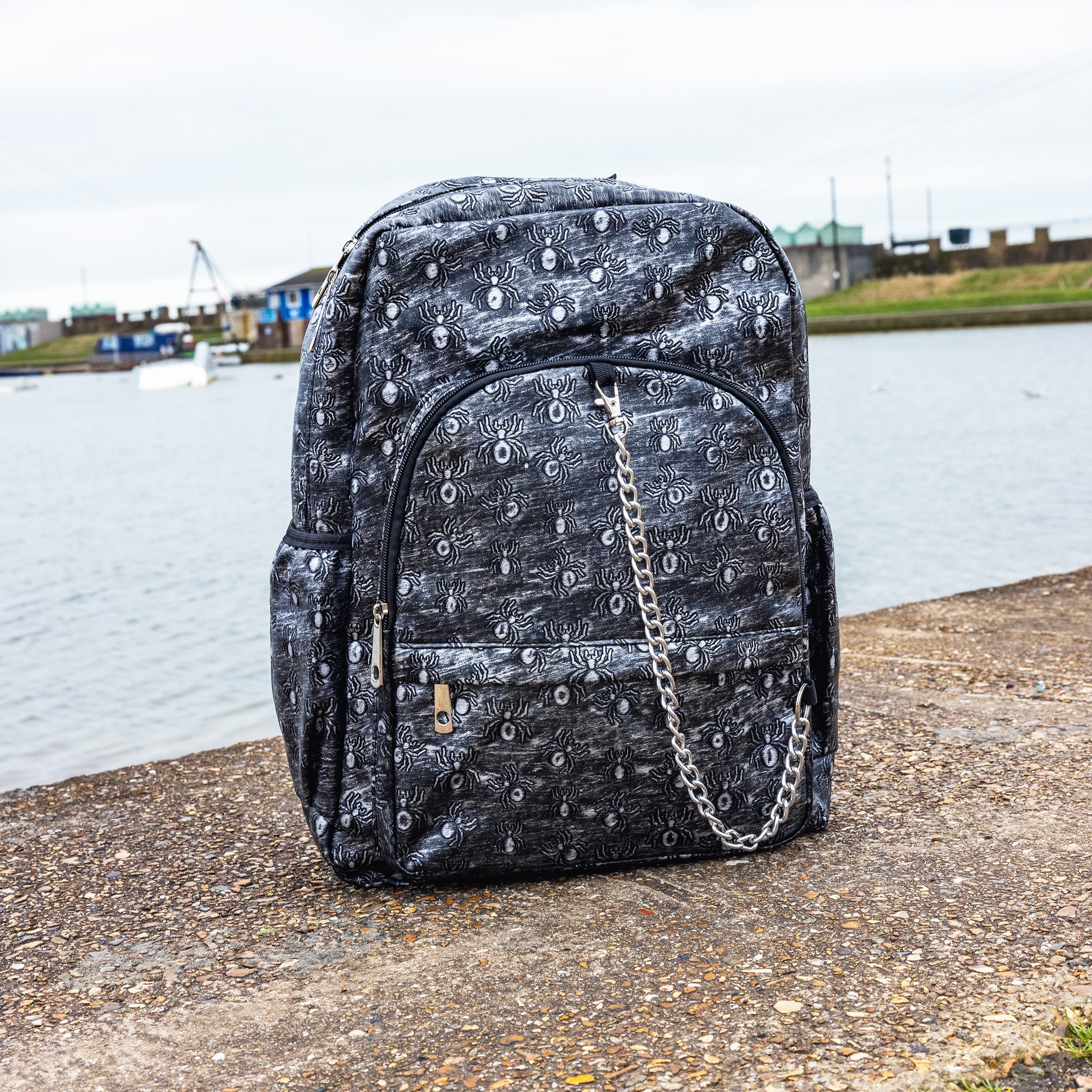 Rustic Silver Spider Backpack with Chain Detail - dark grunge - gothic style - vegan friendly
