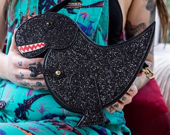 Black Glitter Dinosaur Bag - kawaii - sparkly - cute gift - dino - vegan friendly