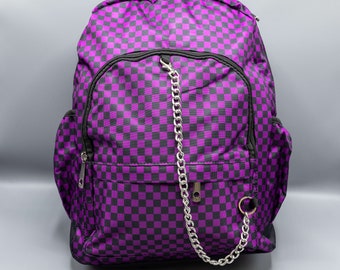 Purple Checkerboard Printed Nylon Backpack With Chain Detail