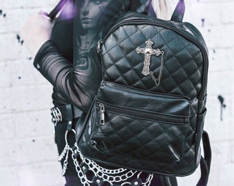 GOTHX Quilted Metal Cross Vegan Gothic Midi Backpack - Dark