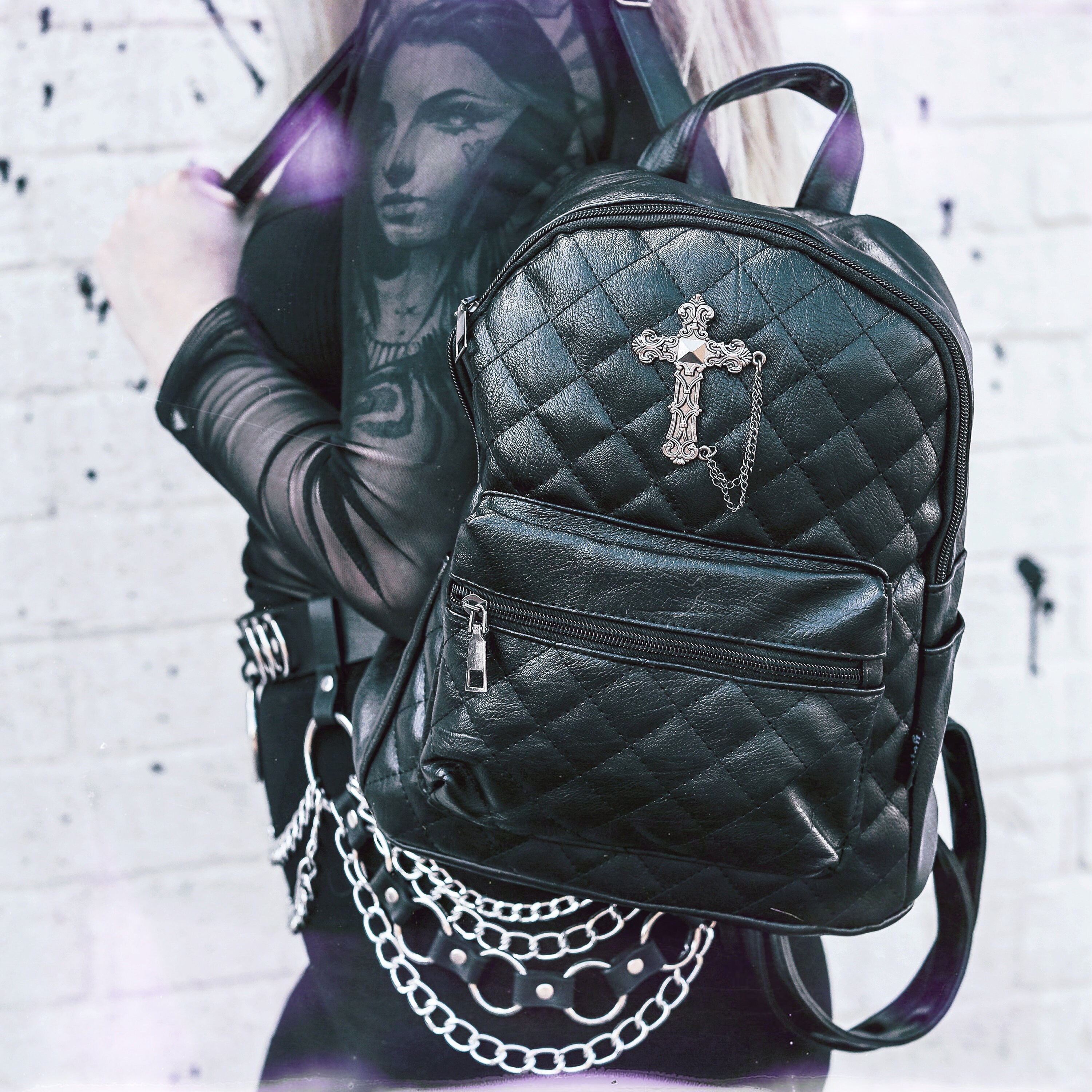 GOTHX Quilted Metal Cross Vegan Gothic Midi Backpack - Dark