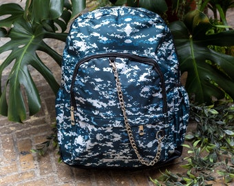 Pixel Camouflage Camo Vegan Backpack with Chain Detailing - adventure bag - school bag - alternative style