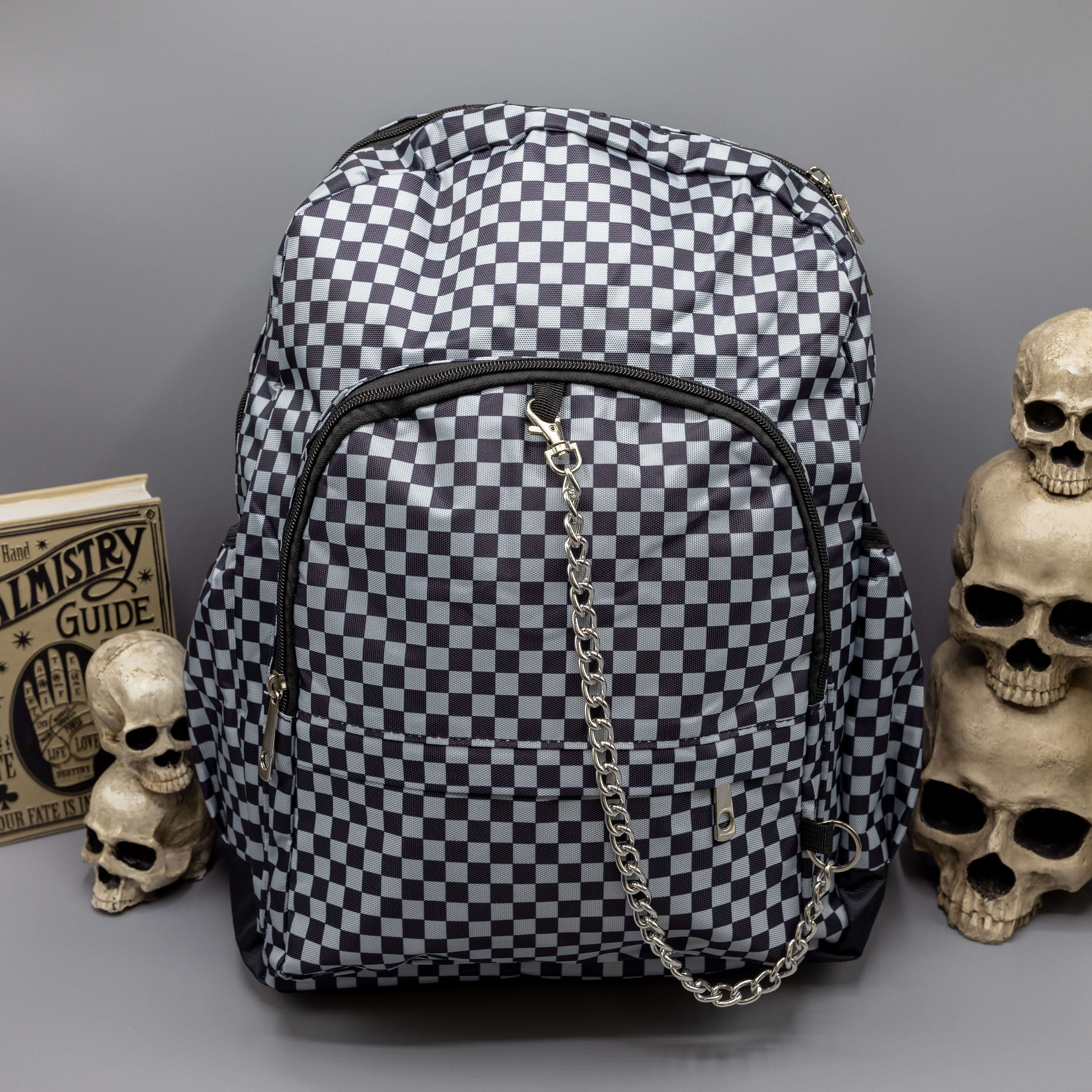 Grey Checkerboard Printed Nylon Backpack With Chain Detail Vegan Friendly Grunge Style 90s Etsy UK