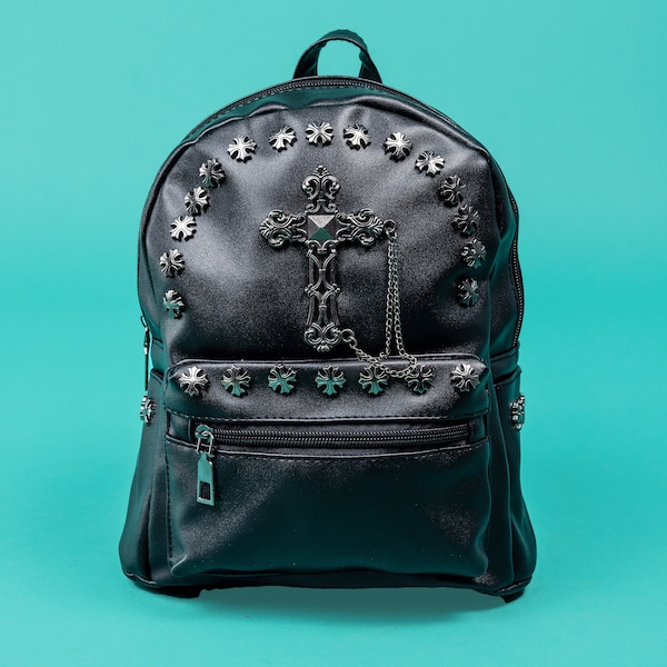 GOTHX Black Vegan Cross Mini Stud Backpack - witchy gift - goth style - dark grunge