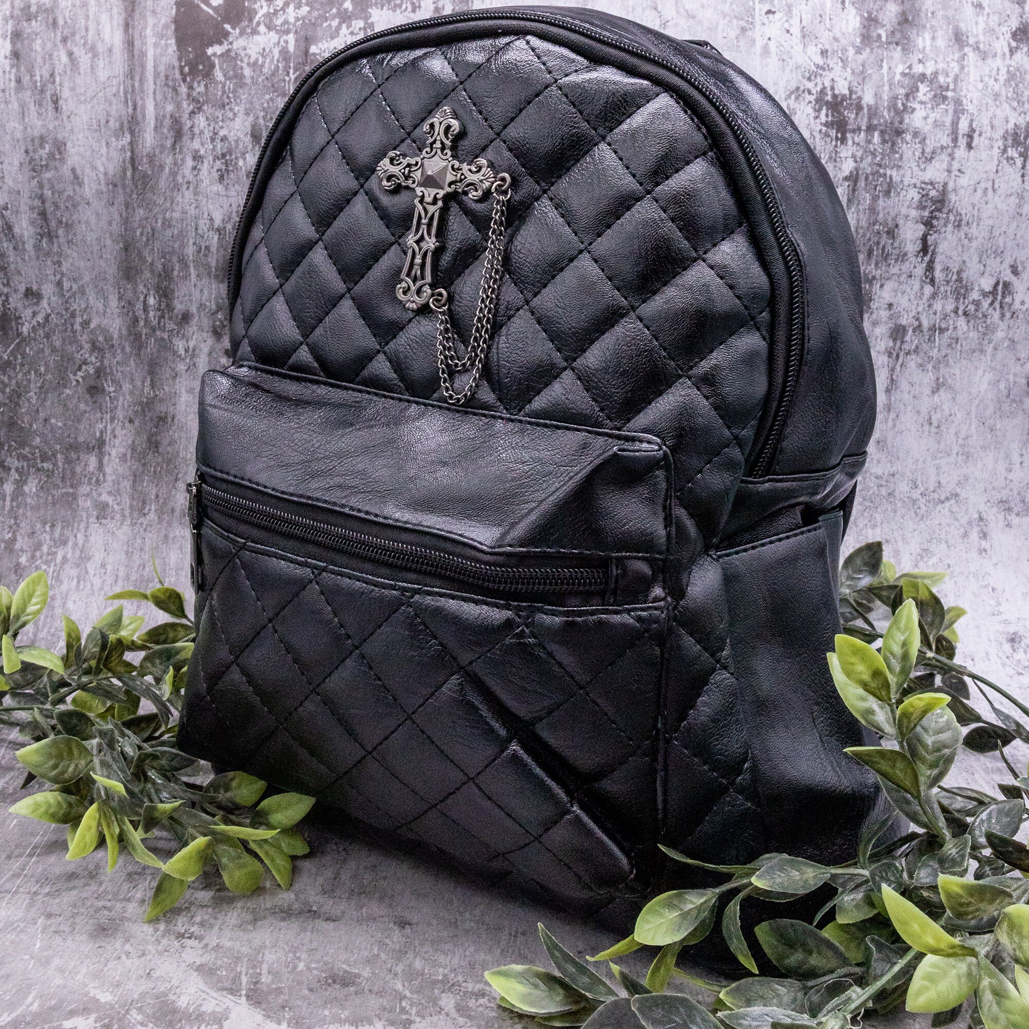GOTHX Quilted Metal Cross Vegan Gothic Midi Backpack - Dark 