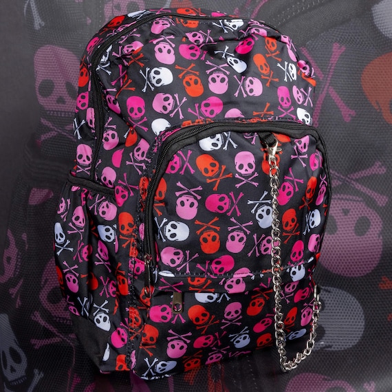 diy goth backpack jansport Pink Skull & Crossbones Backpack With Chain Detail - Vegan - School Bag -  Gothic - Alternative