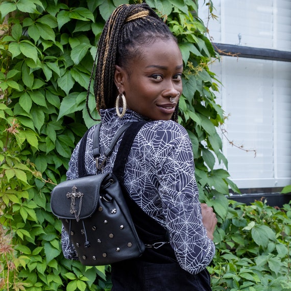 GOTHX Mini Black Vegan Cross and Stud Backpack - Gothic