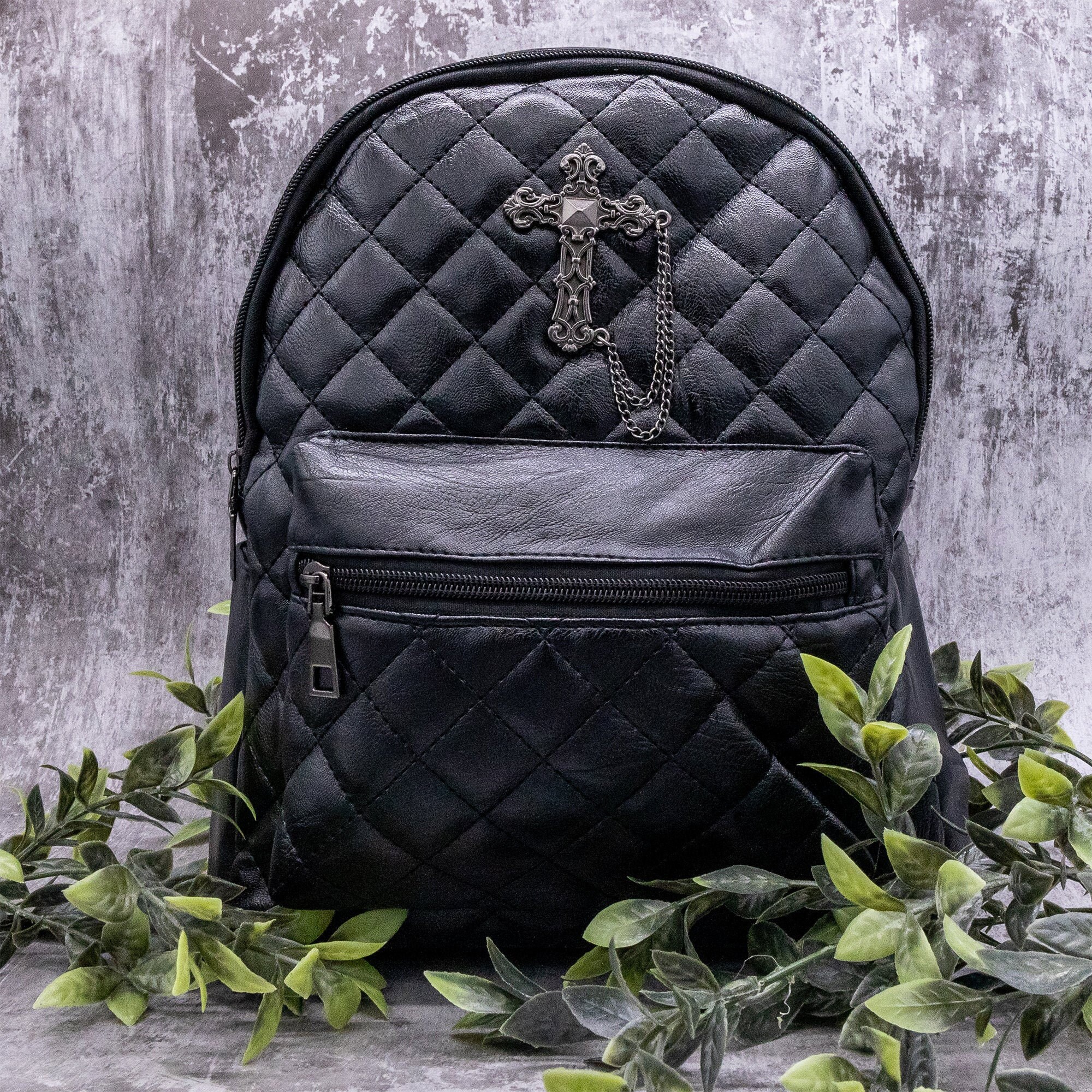 GOTHX Quilted Metal Cross Vegan Gothic Midi Backpack - Dark