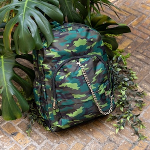 Jungle Camouflage Camo Vegan Backpack with Chain Detailing - adventure bag - school bag - alternative style